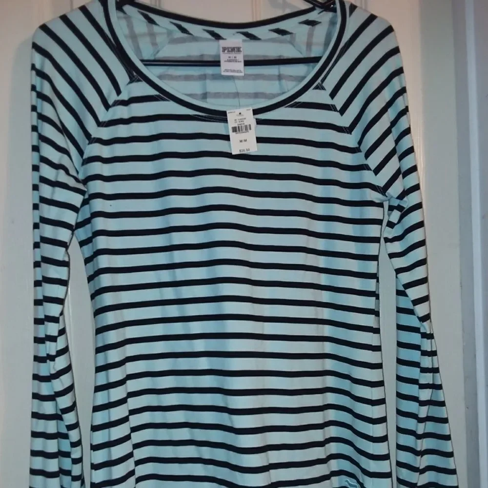 PINK Victoria's‎ Secret Women's Black Green Stripe Long Sleeve Shirt Medium NWT